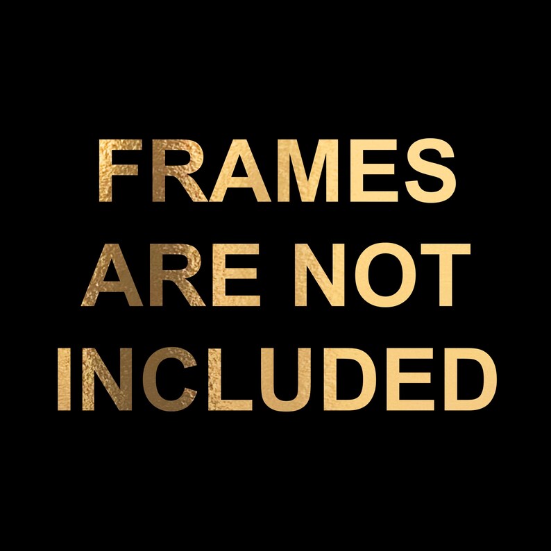 Puede incluir: Un gr&aacute;fico cuadrado negro que presenta el texto "FRAMES ARE NOT INCLUDED" en una fuente negrita sin remates. Las letras tienen un acabado met&aacute;lico dorado y texturizado que contrasta con el fondo negro s&oacute;lido.