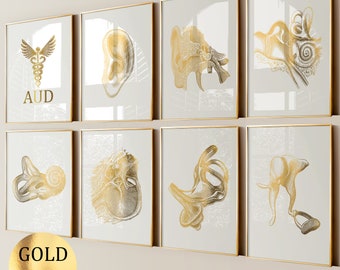 Set 8 oor anatomie kunst audiologie posters medische kunst binnenoor trommelvlies gehoorbeentjes cochlea print audioloog kantoor cadeau kliniek decor goudfolie