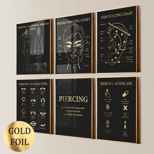 Set 6 Piercing Posters Ear Piercing Facial Piercing Micro Dermal Piercing Aftercare Body Piercer Gift Piercing Salon Decor Gold Foil Print