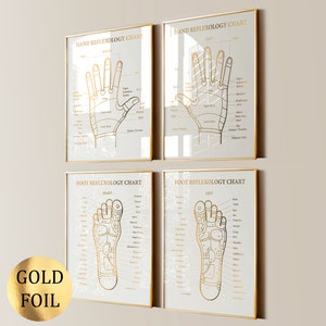 4 gráficos de reflexología de manos y pies Med SPA carteles decoración de la sala de masajes diagrama de puntos de presión terapia de masaje de extremidades arte impresión de lámina de oro