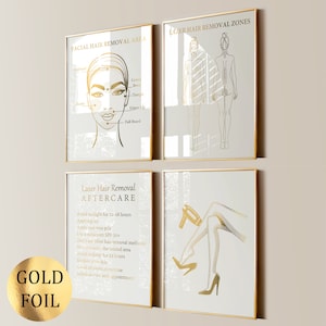 Set 4 Laser Epilation Posters Beauty Art Hair Removal Treatment Beauty Salon Decor Med SPA Poster Esthetic Art Laser Tech Gift Gold Foil