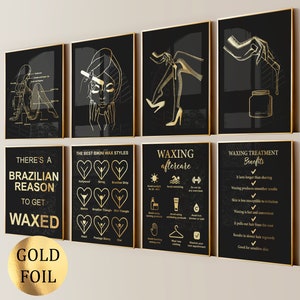 8 Waxing Posters Hair Removal Skincare Art Wax Treatment Waxing Room Decor Med SPA Poster Beauty Salon Decor Esthetician Gift Gold Foil