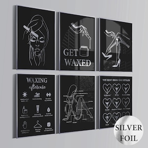 6 Waxing Treatment Print Beauty Art Hair Removal Wax Zones Chart Wax Salon Wall Decor Med SPA Waxer Gift Esthetician Gift Silver Foil Print