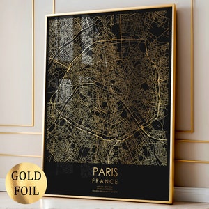 Carte de Paris en or, impression de feuille d'or, carte de la France, carte de la ville, décoration murale, carte des rues, affiche, art mural pour la maison, décoration de salon, art mural moderne