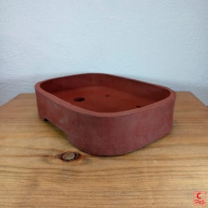 Könnte beinhalten: Ein rotbrauner, rechteckiger Bonsai-Topf mit abgerundeten Ecken. Der Topf hat ein niedriges Profil, mit drei sichtbaren Drainagelöchern. Der Topf steht auf einer Holzoberfläche.