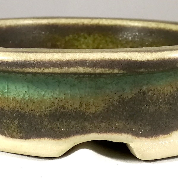 Mini circular bonsai pot, green glazed, 100% handmade, high temperature firing, unique, author, garden, indoor