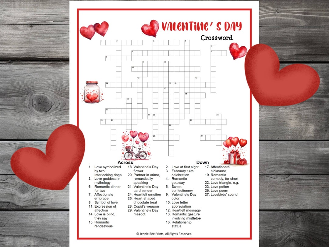 Valentine's Day Crossword Puzzle, Family Friendly Fun Printable