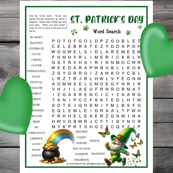 St. Patrick's Day Word Search Puzzle, Family Friendly Fun Printable Puzzles for Adults Seniors Teens & Kids St. Patricks Day Group Printable
