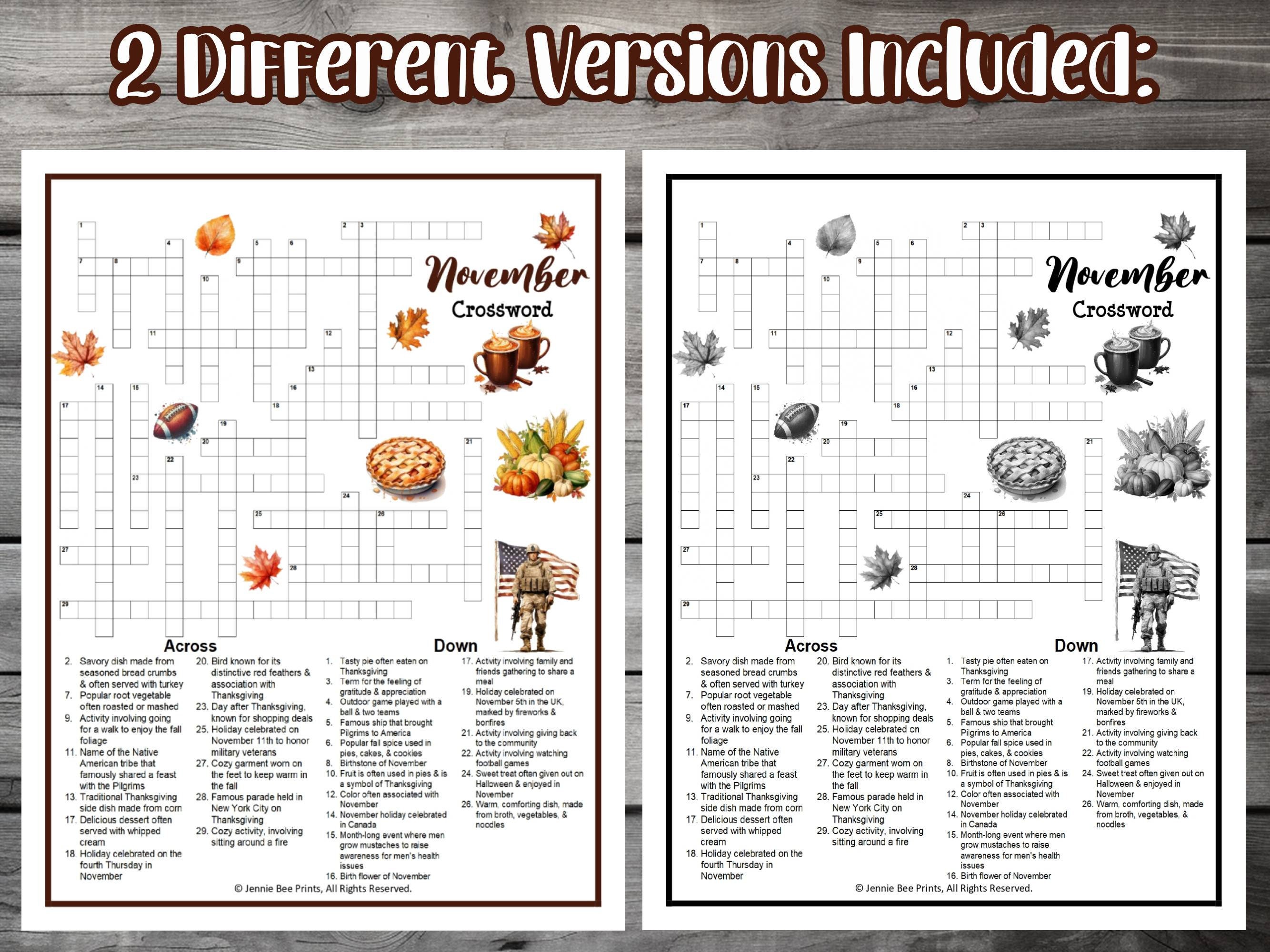November Crossword Puzzle, Family Friendly Fun Printable, Puzzles for ...