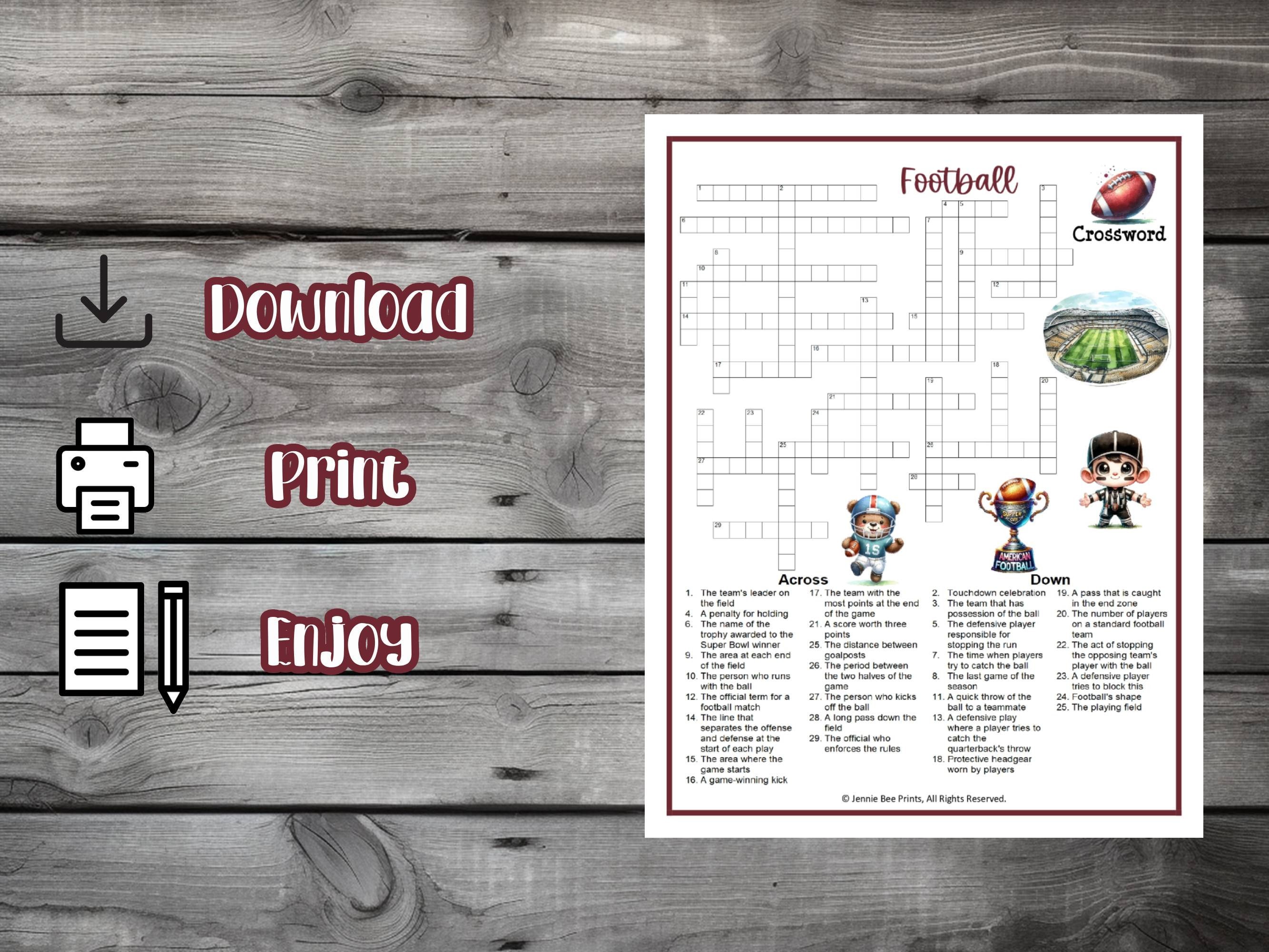 Football Crossword Puzzle, Family Friendly Fun Printable, Puzzles for