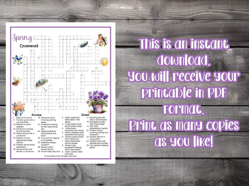 Spring Crossword Puzzle, Family Friendly Fun Spring Printable, Puzzles ...