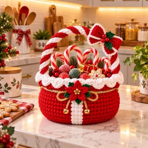 Op de afbeelding: Een ronde, rode gehaakte mand met een witte rand en een gedraaid rood-wit handvat. De mand is versierd met een grote rode kerstster, gouden koord en belletjes. Binnenin zitten zuurstokken, rode bessen, een cadeau en een sneeuwvlokkoekje.