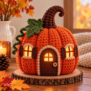 Puede incluir: Una casa de calabaza tejida a ganchillo en color naranja con un tallo marrón oscuro, una hoja verde y una enredadera. La calabaza tiene una puerta central marrón con un botón redondo, dos ventanas con contraventanas y luz interior.