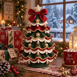 Puede incluir: Una decoración de árbol de Navidad de ganchillo con volantes escalonados en verde y rojo con bordes festoneados de color crema. El árbol está adornado con pequeñas campanas doradas, cuentas de perlas blancas y estrellas de ganchillo, rematado con un gran lazo de tela roja.