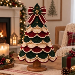 May include: A decorative tabletop Christmas tree crafted from crocheted yarn in alternating layers of dark green, cream, and deep red scalloped tiers. The tree is topped with a large red and cream striped bow and adorned with small gold beads.