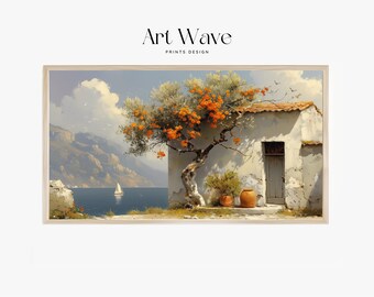 Samsung Frame TV Art | Greek Architecture Art Painting | Vintage Summer Painting | Mediterranean Art Painting | Vintage Mediterranean Art