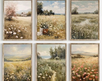 Set of 6 Printable Wildflower Wall Art, Farmhouse Print, Printable Vintage Wildflower Prints, Digital Download