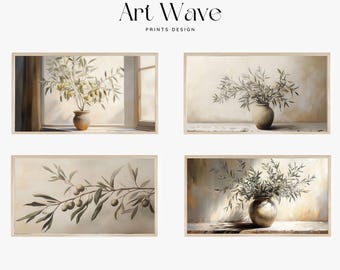 Set di 4 stampe artistiche per TV Samsung Frame / Dipinto vintage con albero di ulivo / Stampa rustica di fattoria / Dipinto d'arte mediterranea / Stampa vintage mediterranea