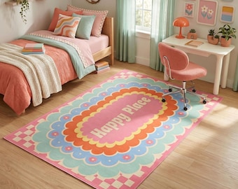 Tappeto personalizzato con margherite e bordo smerlato dai colori pastello per un arredamento che favorisce la dopamina.