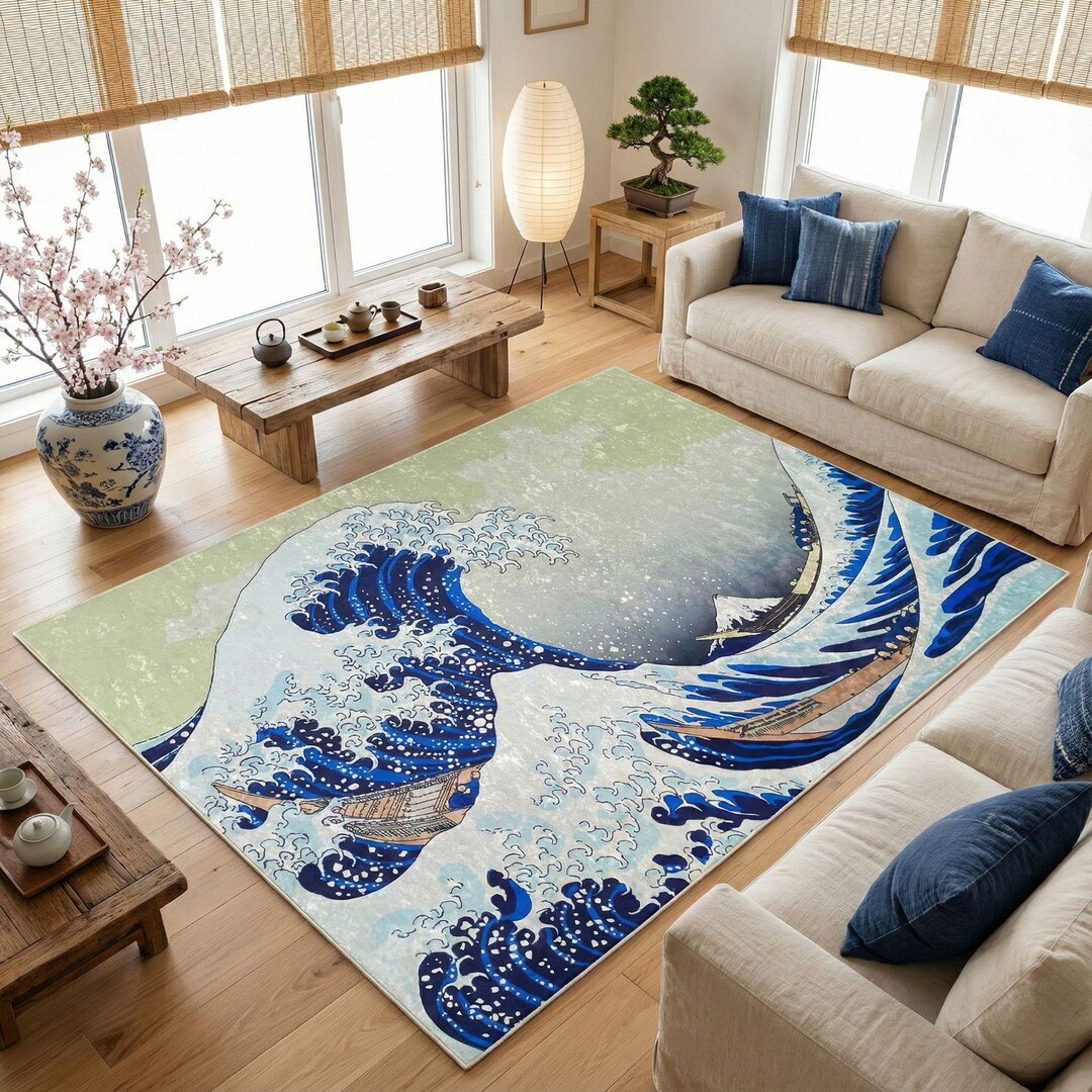 Great Wave off Kanagawa Japanese Art Rug Featuring Blue Ocean Ukiyo-e ...