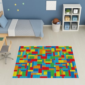 Colorful Building Block Rug; Fun Playroom Carpet for Kids; Vibrant Toy Brick Area Rug; Unique Gift for Little Ones; Adds Joy to Kids&#39; Spaces