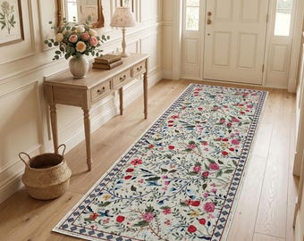 Tappeto Kilim vintage con motivo floreale e roseto, antiscivolo e lavabile in lavatrice.