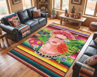 Vibrant Mexican Boho Rug with Floral Sugar Skull Art