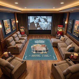 Puede incluir: Un cine en casa con una gran pantalla que muestra una escena de pel&iacute;cula cl&aacute;sica. La sala cuenta con sillones reclinables marrones, un sof&aacute; seccional y una alfombra turquesa con un dise&ntilde;o de palomitas de ma&iacute;z y carrete de pel&iacute;cula. Carteles de cine vintage y una m&aacute;quina de palomitas complementan el tema.