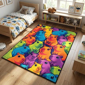 May include: A rectangular area rug featuring a vibrant pattern of cartoon capybaras in various colors, including orange, blue, yellow, and purple. The rug is placed on a wooden floor in a child's bedroom, with a bed and other furniture visible.