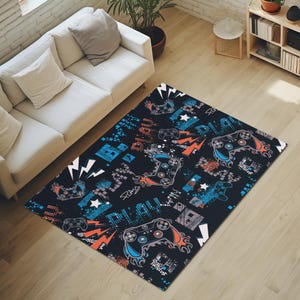 Vibrant Gamepads Printed Black Area Rug; Machine Washable Gaming Room Carpet; Vibrant Gamer Rug; Gift for Video Gamers; Gaming Room Decor