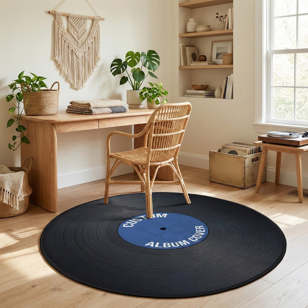 Personalized Round Vinyl Record Area Rug Featuring a Custom Album Cover ...