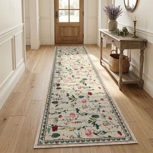 May include: A long rectangular runner rug featuring a cream-colored background with a repeating pattern of colorful wildflowers, including pink, red, and green botanical elements, enclosed by a dark green decorative border with a leaf motif.