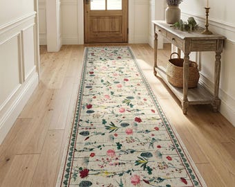 Tappeto Kilim antiscivolo vintage con motivo floreale botanico