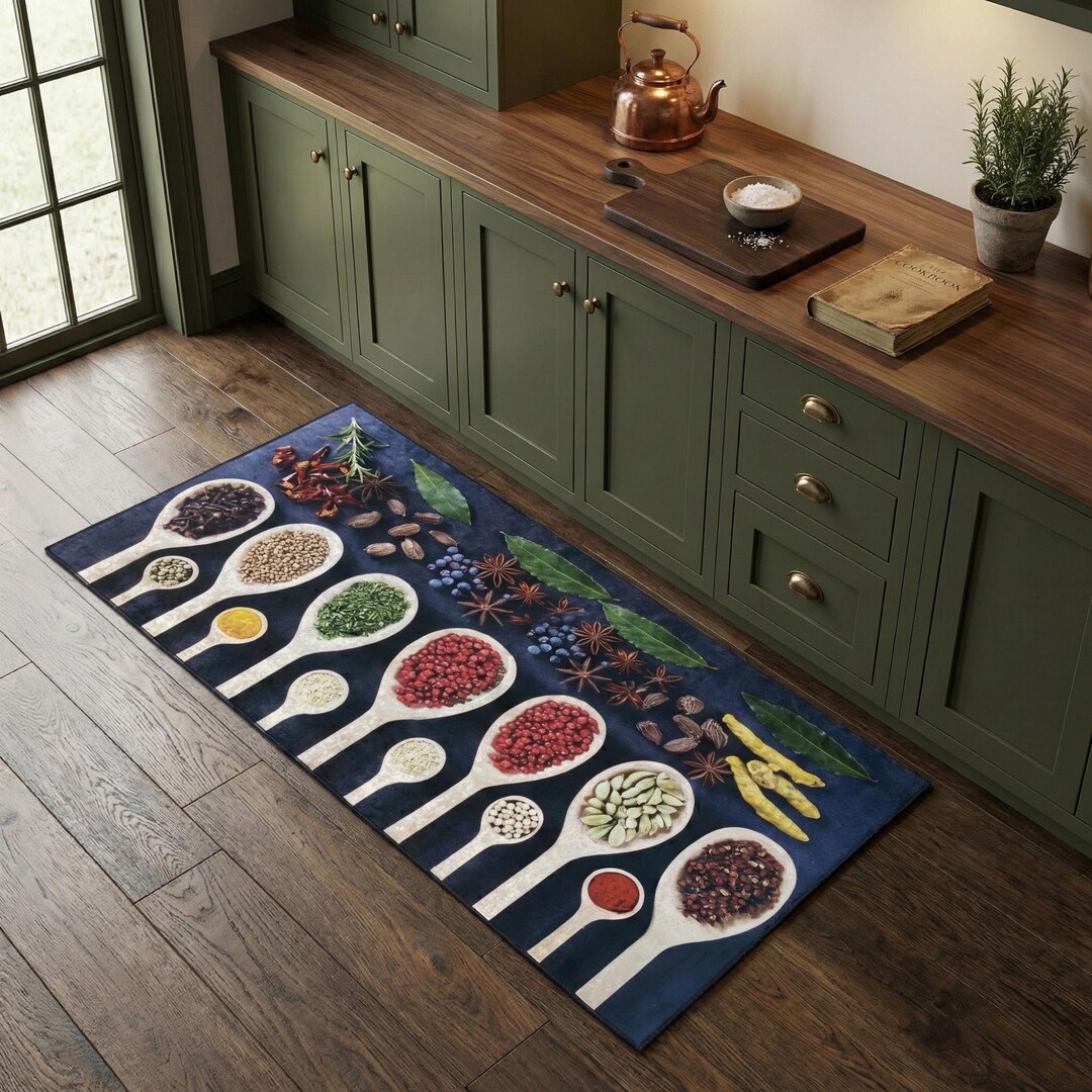 Kitchen Rag Rug Blue Washable Non-slip Midnight Blue Kitchen Rug With Spices in Wooden ...