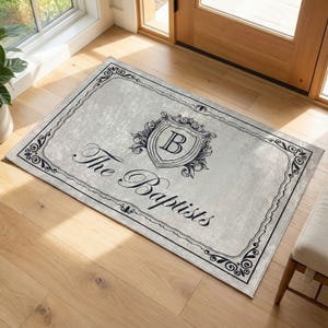 Custom Family Name Area Rug with Monogram Crest Design