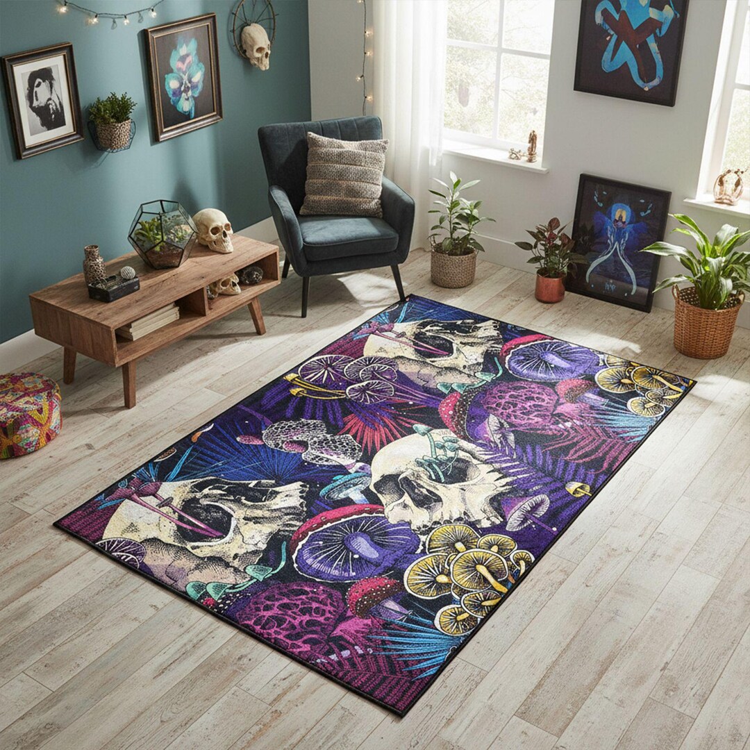 Wednesday Rug Gothic Skull and Mushroom Area Rug With Colorful Psychedelic Pattern ...