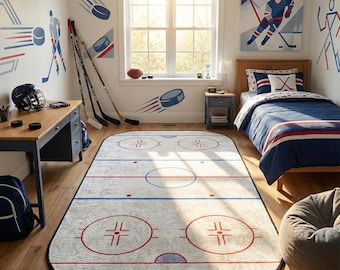 Custom Ice Hockey Rink Printed Area Rug; Personalized Machine Washable Winter Sports Chick Carpet; Sports Room Decor; Gift For Hockey Lovers