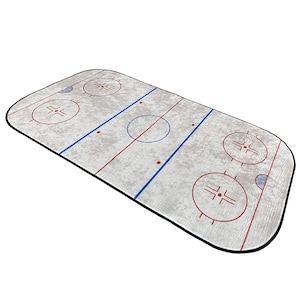 May include: A white and gray hockey rink rug with blue and red lines and circles. The rug has a black border.