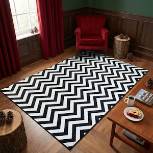 Może przedstawiać: Prostokątny dywan z czarno-białym wzorem zygzaka. Wzór to odważny, powtarzający się motyw w kształcie szewronu. W pokoju znajduje się również czerwony fotel, mały drewniany stolik i okno z czerwonymi zasłonami. Dywan ma wymiary ok. 240 cm x 170 cm.