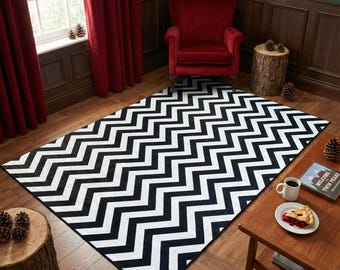 Modern Black and White Chevron Zigzag Area Rug for Cinematic Mystery Lodge Style