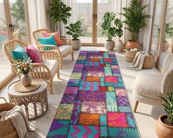 Tappeto passatoia antiscivolo in stile patchwork boho colorato