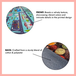 May include: A colorful play mat with a city scene, featuring a museum, a park, and a fire station. The mat is made of a soft, velvety fabric and has a sturdy back.