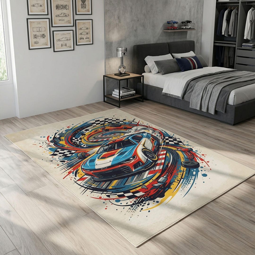 Vibrant Racing Car Washable Area Rug With Non Slip Backing Option - Etsy
