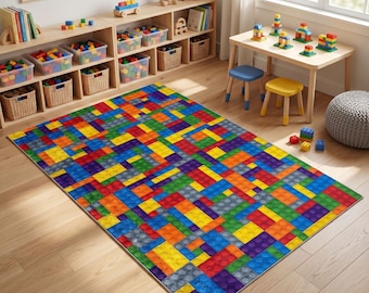 Vibrant Colorful Building Block Washable Kids Rug