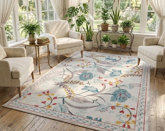 Tappeto vintage lavabile con motivo floreale botanico blu tenue e retro antiscivolo.