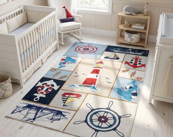 Tappeto antiscivolo lavabile a tema nautico per cameretta bambini.