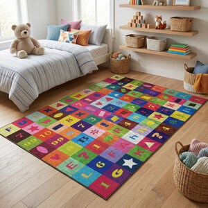 Alfombra personalizada con alfabeto, números y formas, lavable a máquina.