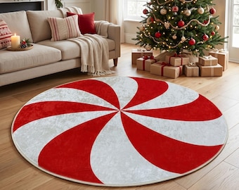 Tappeto rotondo natalizio con motivo a spirale di menta piperita per decorazioni natalizie in casa.