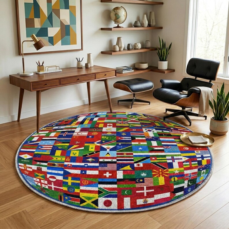 Colorful Round World Flags Rug Featuring a Global Mosaic Design - Etsy