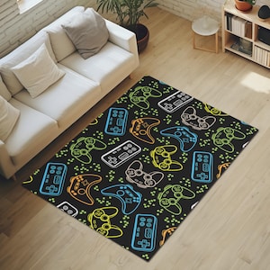 Colorful Gamepads Printed Black Area Rug; Machine Washable Gaming Room Carpet; Vibrant Gamer Rug; Gift for Video Gamers; Gaming Room Decor